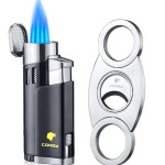 Black Cohiba Four-Flame Jet Lighter, Retractable Cigar Punch & Metal Cigar Cutter Set