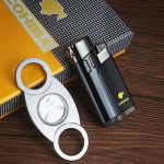 Black Cohiba Four-Flame Jet Lighter, Retractable Cigar Punch & Metal Cigar Cutter Set