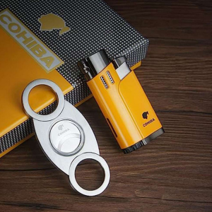 Yellow Cohiba Four-Flame Lighter & Cigar Cutter Set